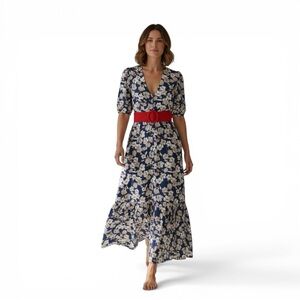 Sanctuary Floral Button Front Midi Dress Blue Puff Sleeve Boho Size 2(no belt)